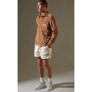 Urban Outfitters Standard Cloth Mens Velour Polo Long Sleeve Brown Shirt Size‎ L